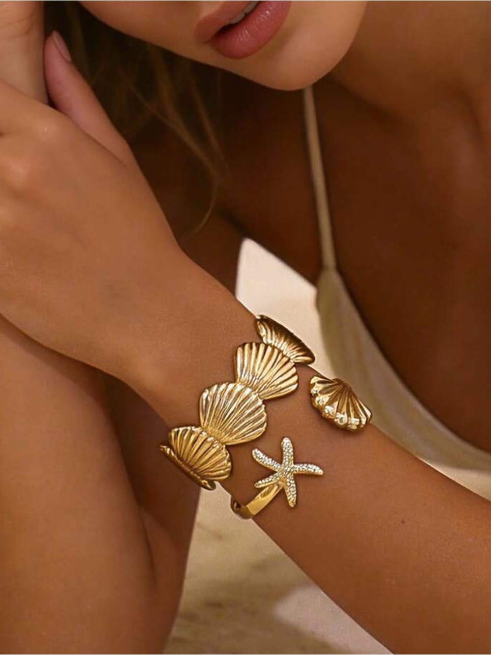 Gold Seashell & Starfish Cuff Bracelet Set – 2 Piece Coastal Jewelry